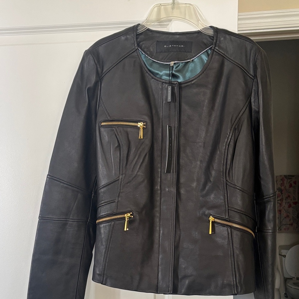 Elie Tahari Black Leather Jacket with Yellow Accents - Picture 6 of 6